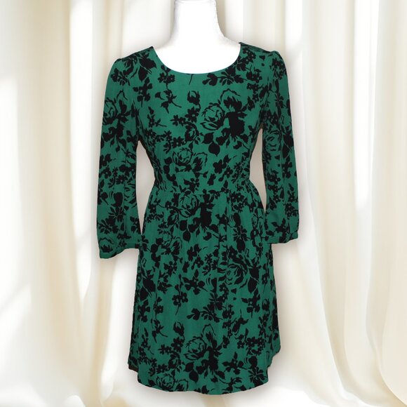 Fossil Green Floral Skater Dress Sz Small - Picture 1 of 3
